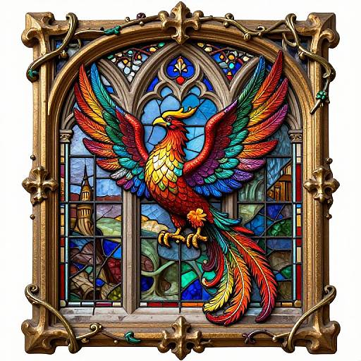 Vibrant, detailed stained glass window depicting a multicolored phoenix with outstretched wings, perched on a ledge, surrounded by intricate Gothic