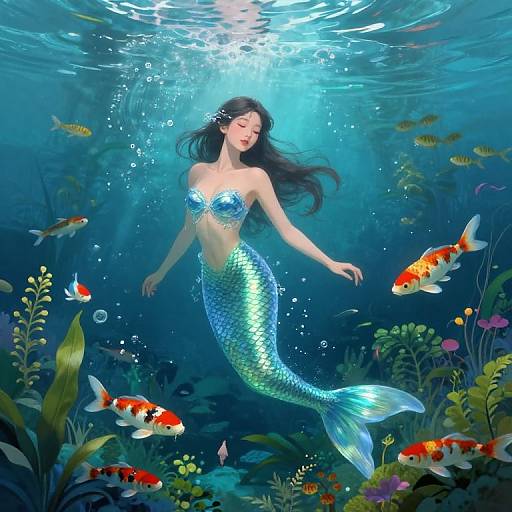 Digital illustration of a beautiful mermaid with long black hair, blue seashell bra, and shimmering green scales, swimming among colorful fish and underwater