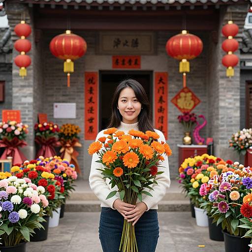 Woman with Orange Flowers by Chinese Lanterns