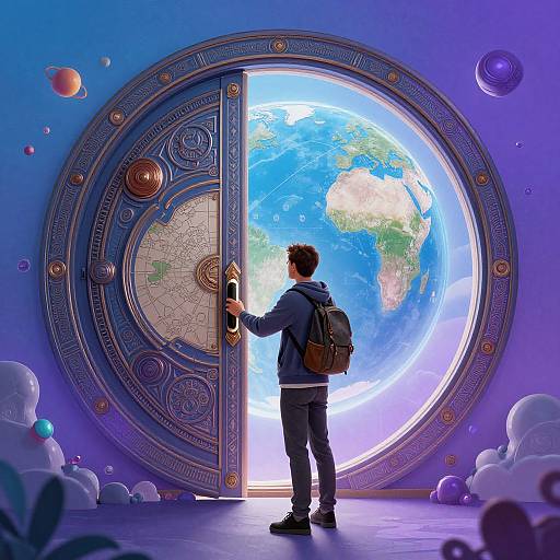 Digital art: A boy with a backpack stands before a circular, ornate door revealing a vibrant Earth view, surrounded by floating planets and clouds.