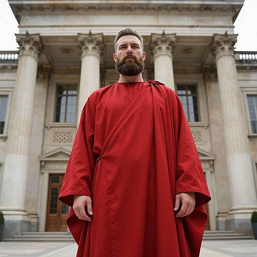 Man in Red Robe in Front of Classical Building