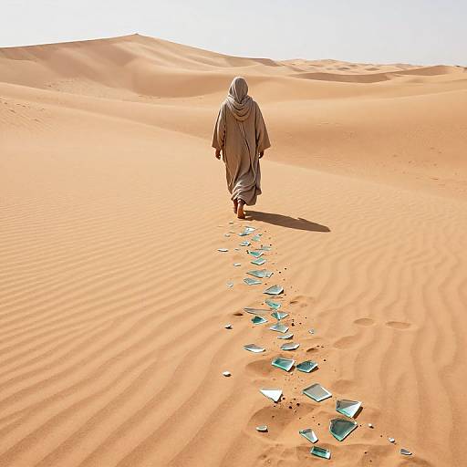 Photograph of a lone figure in a beige robe and hood walking through a vast, sunlit desert with rippled sand and a trail of broken glass