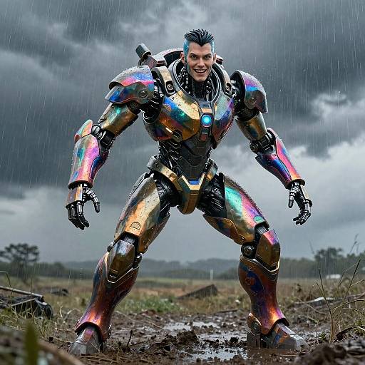 Photograph of a muscular man in colorful, metallic superhero armor standing in a rainy, cloudy field with a determined expression.