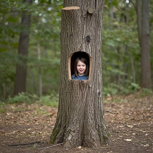 Photograph of a young girl with dark hair and a blue shirt, peeking from a circular hole in a forest tree trunk.