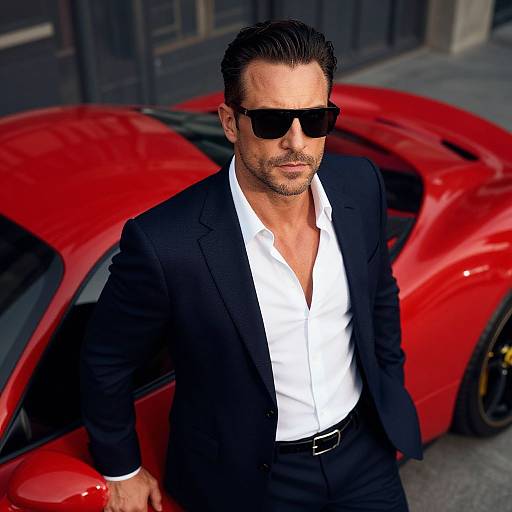 Photograph of a handsome man in a black suit, white shirt, and black sunglasses, standing confidently beside a bright red sports car.