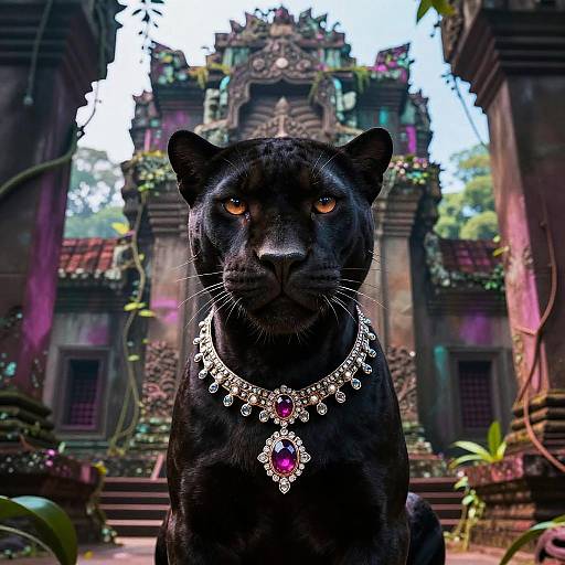 Photograph of a regal black panther with piercing amber eyes, adorned in an intricate silver necklace with a pink gem, standing in front of an