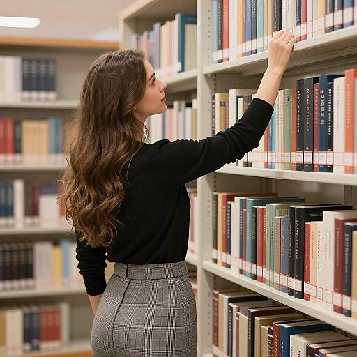 Woman Reaching for Book in Library