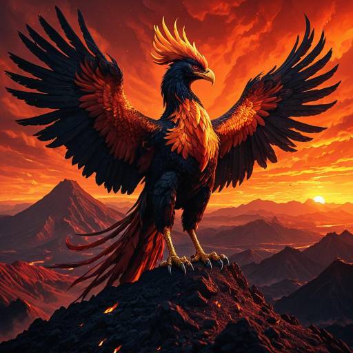 Mythical Phoenix on Volcanic Mountain