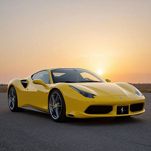 Photograph of a sleek, bright yellow Porsche 911 sports car with black accents, set against a vibrant sunset sky and asphalt road.