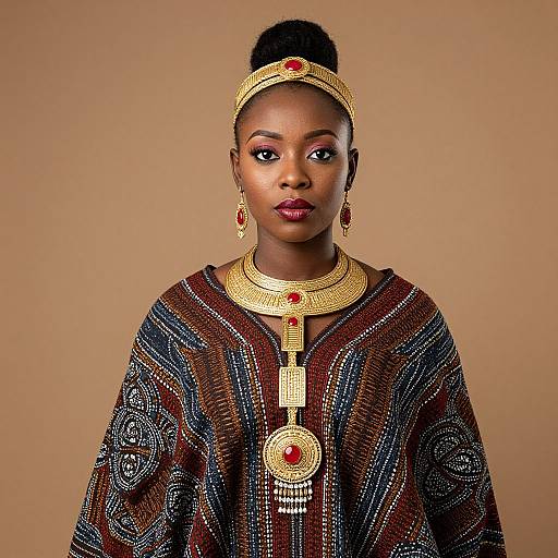 Photograph of an African woman with dark skin, wearing intricate gold jewelry and traditional embroidered robe with red accents, against a beige background.