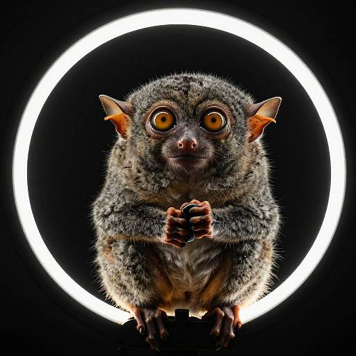 Photograph of a wide-eyed, gray-furred tarsier with large orange eyes, small orange ears, and clasped hands, centered against a