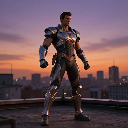 Photograph of a muscular man in silver superhero armor with a red emblem, standing on a rooftop at sunset, city skyline in background.
