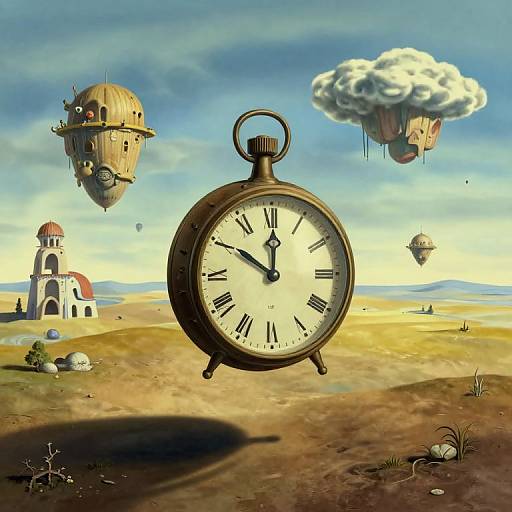 Surreal digital art: oversized clock in desert, floating airships, cloud-borne house, lighthouse, and scattered objects under a blue sky