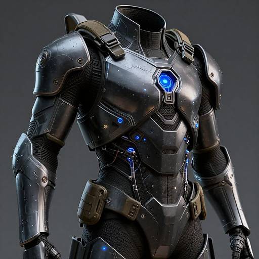 Photorealistic CGI of a futuristic, black armored humanoid with glowing blue lights, sleek metallic textures, and high-tech design elements.