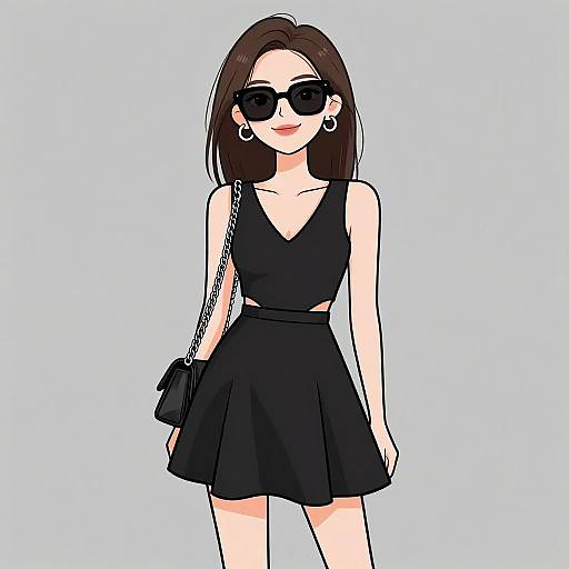 Digital drawing of a stylish woman with straight brown hair, wearing black sunglasses, a sleeveless black top, and a black skirt, carrying a small black