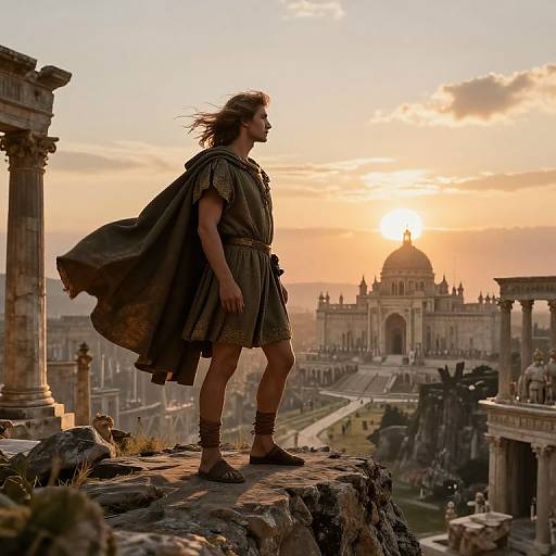 Photograph: Ancient warrior in brown tunic and cape stands on rocky ledge, gazing at sunset over majestic, detailed temple cityscape.