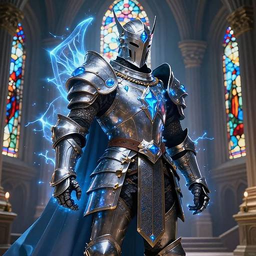 Digital artwork of a glowing blue-armored knight with electricity effects, standing in a grand cathedral with colorful stained glass windows.