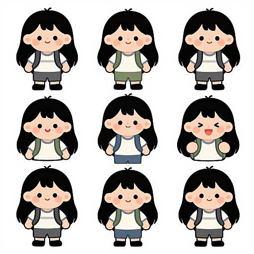 Cartoon drawing of nine identical black-haired, blushing girls with white shirts, green backpacks, and gray pants, each with varied expressions.