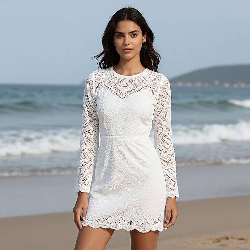 Woman in White Lace Dress by Seashore