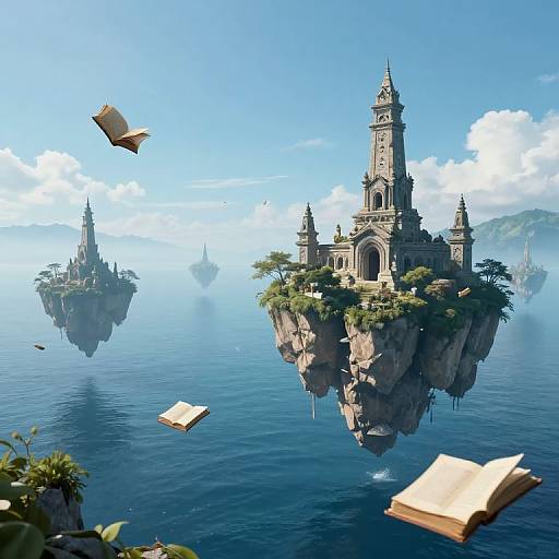 Fantasy CGI: Floating stone islands with Gothic towers, lush greenery, and floating open books in a serene blue ocean under a clear sky.