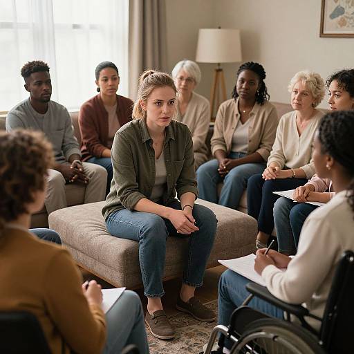 Photograph of diverse group of eight people seated in a living room, focusing on a blonde woman in green shirt and jeans, listening intently. Soft
