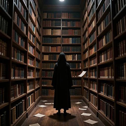Photograph of a hooded figure standing in a dimly lit, narrow library aisle with tall, wooden bookshelves filled with books, scattered papers