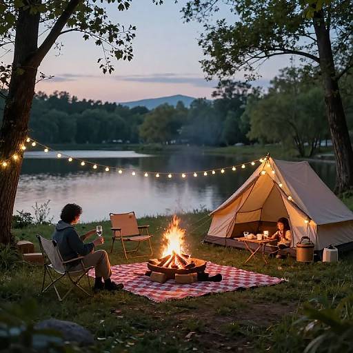 Photograph of a serene evening campsite by a lake, with a lit campfire, string lights, tent, and two people relaxing.