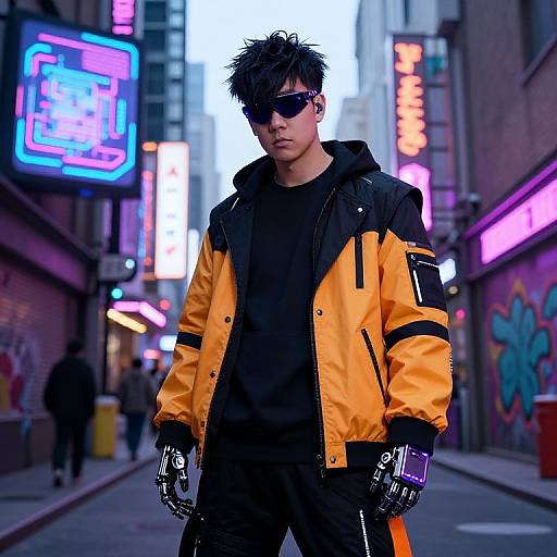 Cyberpunk street scene: Asian man with spiky black hair, sunglasses, yellow-black jacket, black gloves, and black pants, stands in a