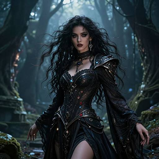 Digital fantasy artwork of a dark-haired, pale-skinned woman with wild hair, wearing a black, ornate, gothic dress, standing in a