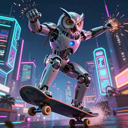 Cybernetic Owl Skateboarding in Neon City