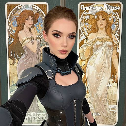 Digital artwork featuring a fair-skinned, brown-haired woman in black armor, with two Art Nouveau-style, long-haired, ethereal women in white