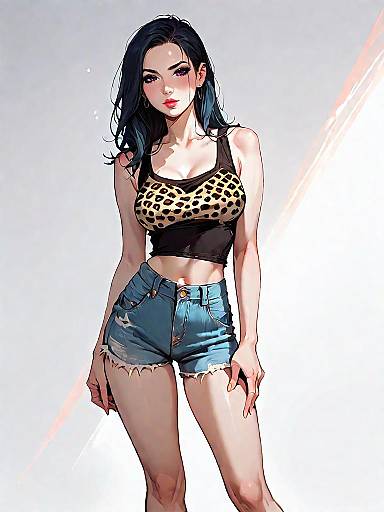Young Woman in Leopard Print Crop Top and Denim Shorts