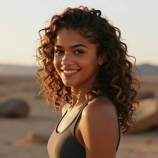 Photograph of a smiling young woman with curly brown hair, wearing a gray tank top, standing in a sunlit desert landscape.