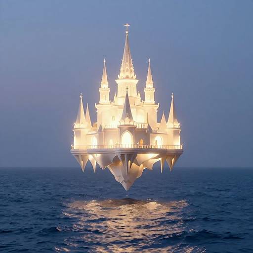 Photorealistic CGI of a glowing, floating, fairy-tale castle with multiple spires, illuminated against a twilight blue ocean backdrop.