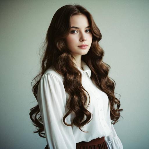 Young Woman with Long Brown Wavy Hair in Vintage Blouse