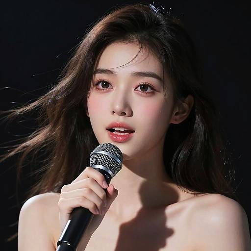 Photograph of an Asian woman with fair skin, long dark hair, and pink lips, holding a microphone against a black background. She is topless