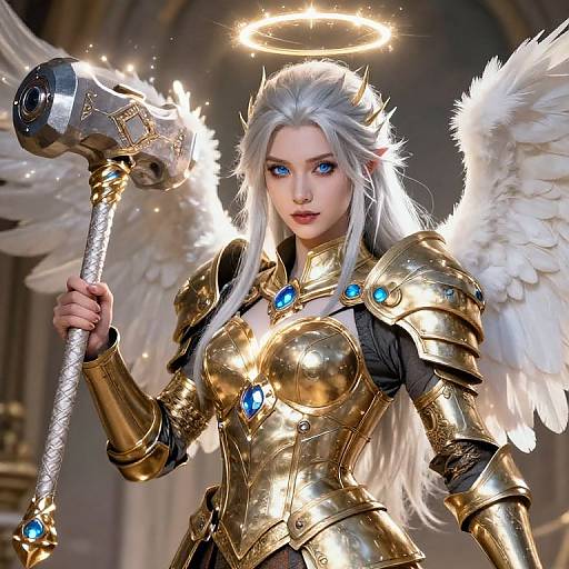 Digital artwork of a white-haired, blue-eyed angelic warrior with golden armor, white wings, holding a golden hammer, halo above head.