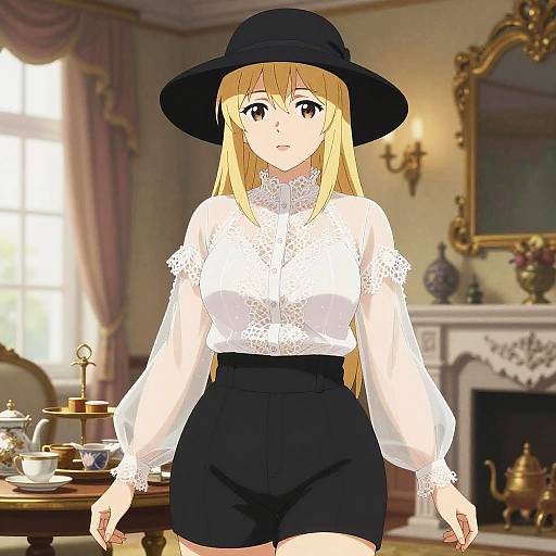 Curvy Woman in Sheer Blouse and Wide-Brimmed Hat