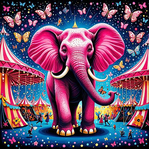 Lowbrow Art Pink Elephant with Butterflies at Carnival