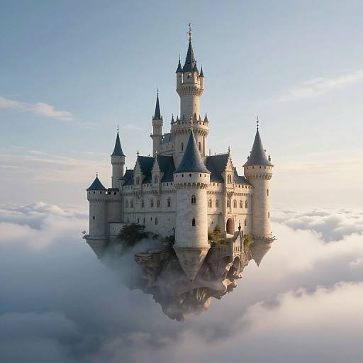 Photograph of a majestic, white, castle with multiple tall, dark blue spires floating amidst fluffy clouds in a bright, clear sky.
