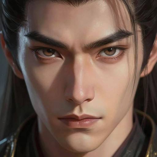 Close-up digital rendering of a determined young man with intense brown eyes, thick eyebrows, and straight dark hair, illuminated by soft light.