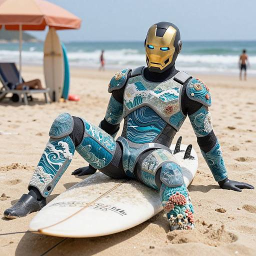 Photograph of a metallic, armor-clad Iron Man suit with blue wave patterns, sitting on a surfboard on a sandy beach.
