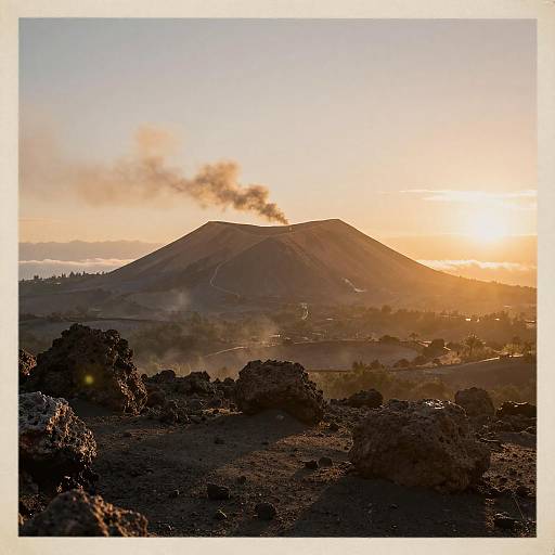 Photograph of a sunlit volcanic mountain with a plume of smoke rising, surrounded by dark rocky terrain at sunset.