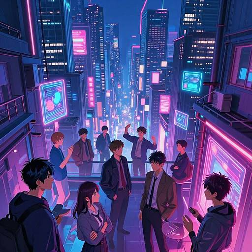 Neon-lit cyberpunk city street at night, digital anime-style. Group of seven young adults in modern, dark clothing, standing around glowing neon