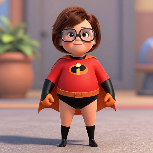 3D CGI image of a chubby, cartoon-style boy with brown hair, glasses, and black gloves, wearing a red superhero outfit with the 