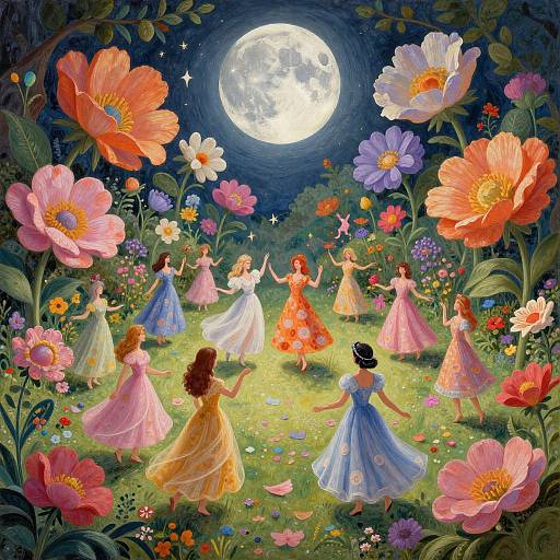 Digital painting of six dancing women in colorful dresses under a full moon, surrounded by vibrant, oversized flowers in a lush meadow.