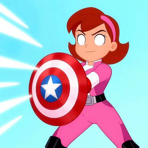 Digital cartoon of a red-haired woman in pink outfit, holding a Captain America shield, with white beams of light on blue background.