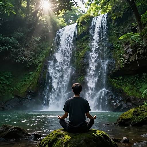 Photograph of a man meditating on moss-covered rock in front of a cascading waterfall, surrounded by lush greenery and sunlight filtering through trees.