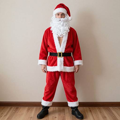 Photograph of a man in a full Santa Claus costume with a white beard, red velvet suit, black belt, white trim, and black boots,