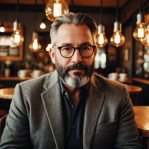 Middle-aged Man in Gray Suit at Cozy Coffee Shop
